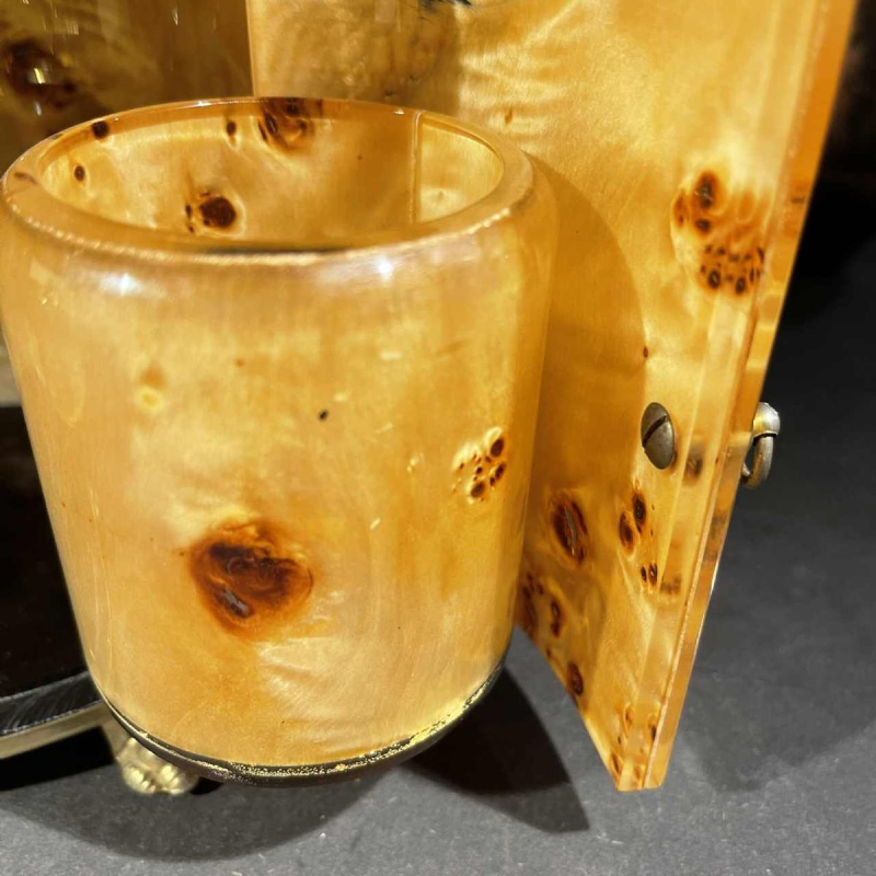 Smoking set, Italian design, burr walnut set in resin, 1970s