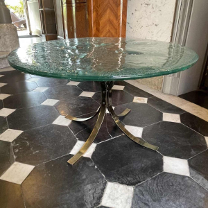 Paire de tables basses rondes, verre artistique brutaliste, ca 1970/80