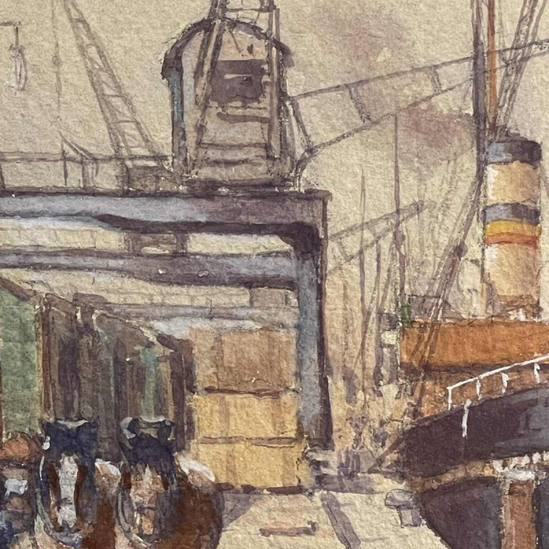 Emile Lhernault "Quai a` Bruxelles" Tableau Aquarelle Marine Halage, ca 1910