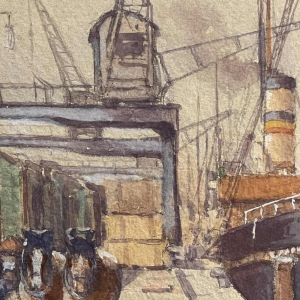 Emile Lhernault "Quai à Bruxelles" Aquarel schilderij Marine Halage, ca 1910
