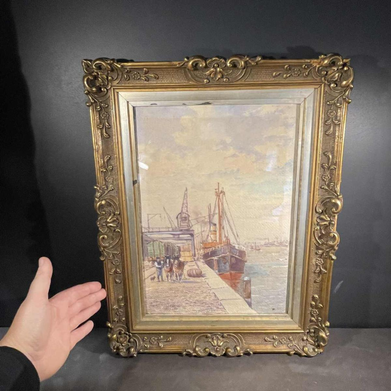 Emile Lhernault "Quai a` Bruxelles" Tableau Aquarelle Marine Halage, ca 1910