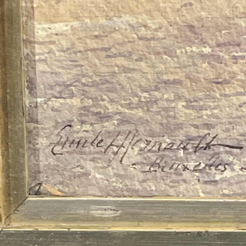 Emile Lhernault "Quai a` Bruxelles" Tableau Aquarelle Marine Halage, ca 1910