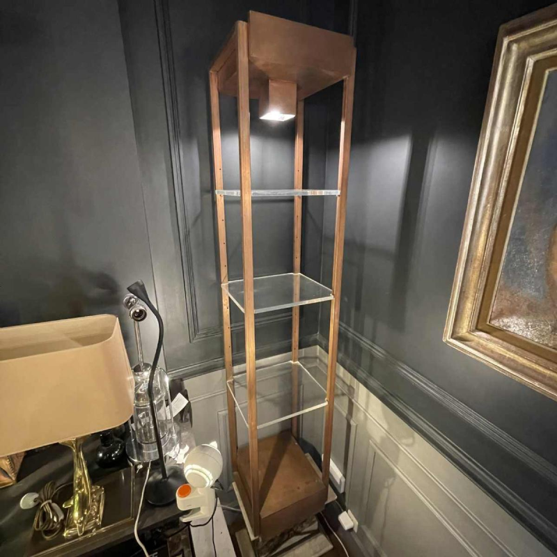 Vintage illuminated column shelf, copper plated steel, Industrial design ca 1970