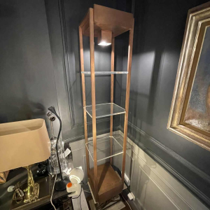 Etage`re colonne e´claire´e vintage, acier cuivré, Design industriel, ca 1970