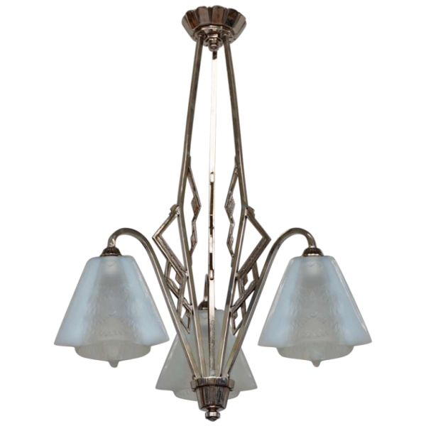 Jean Gauthier (EZAN) : French opalescent art deco chandelier, 1930 France