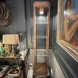 Vintage illuminated column shelf, copper plated steel, Industrial design ca 1970