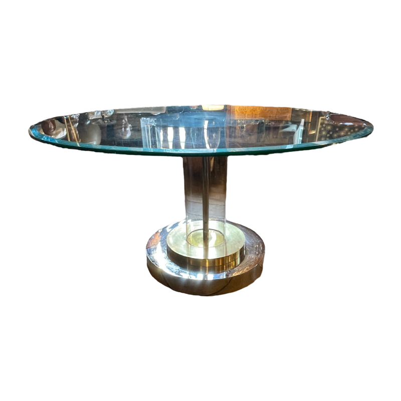 ROMEO REGA Table ronde Hollywood Regency pied central, acier chrome laiton plexi