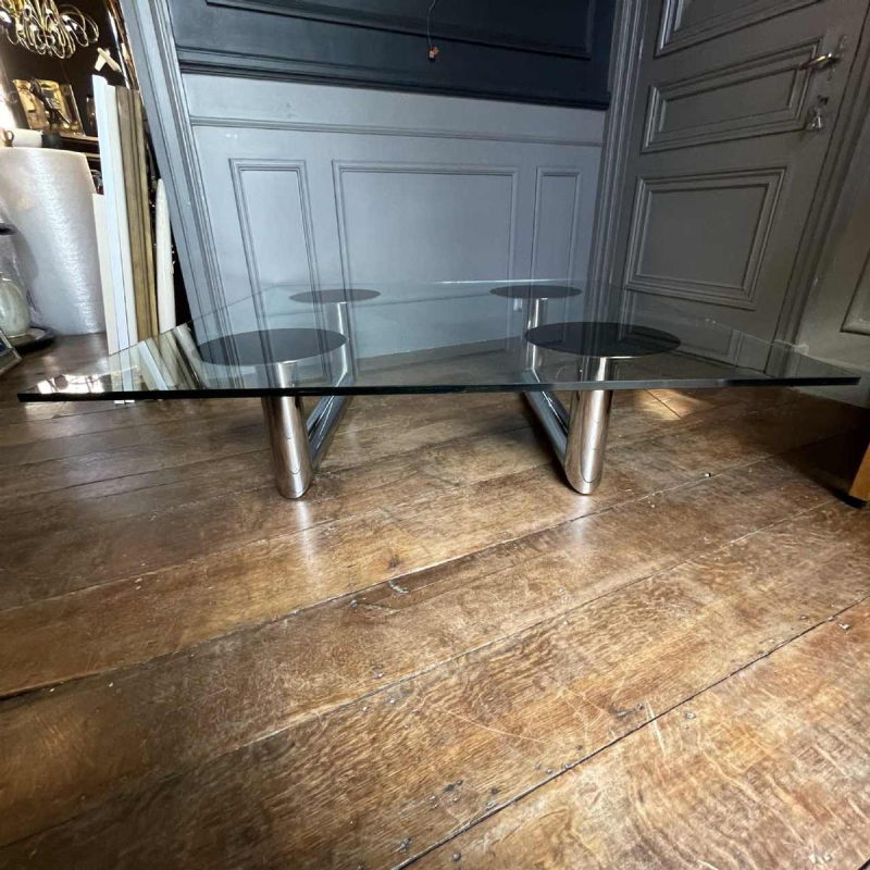 Grande table basse ou de salon carre´e en acier chromé, design italien, ca 1970