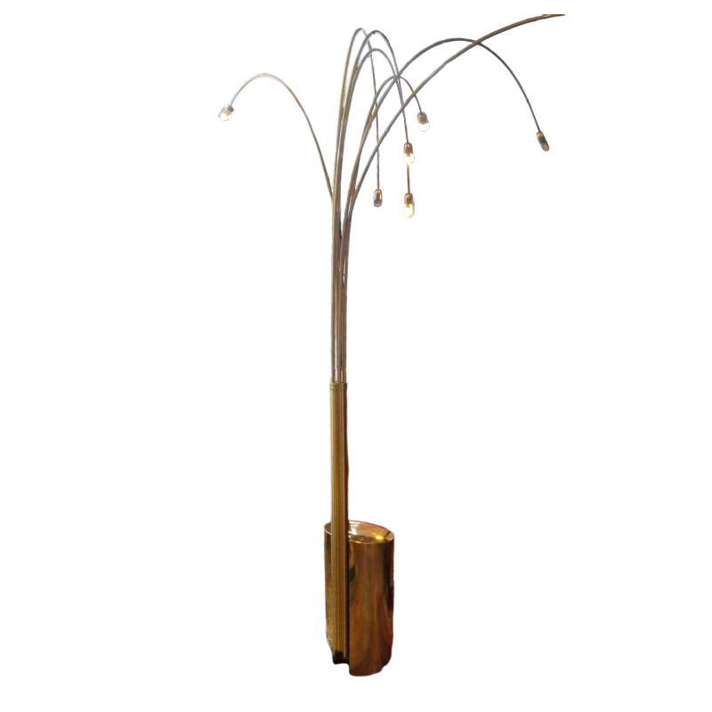 Goffredo Reggiani, lampadaire "arc" à 7 bras en laiton cintré et doré, 1960s