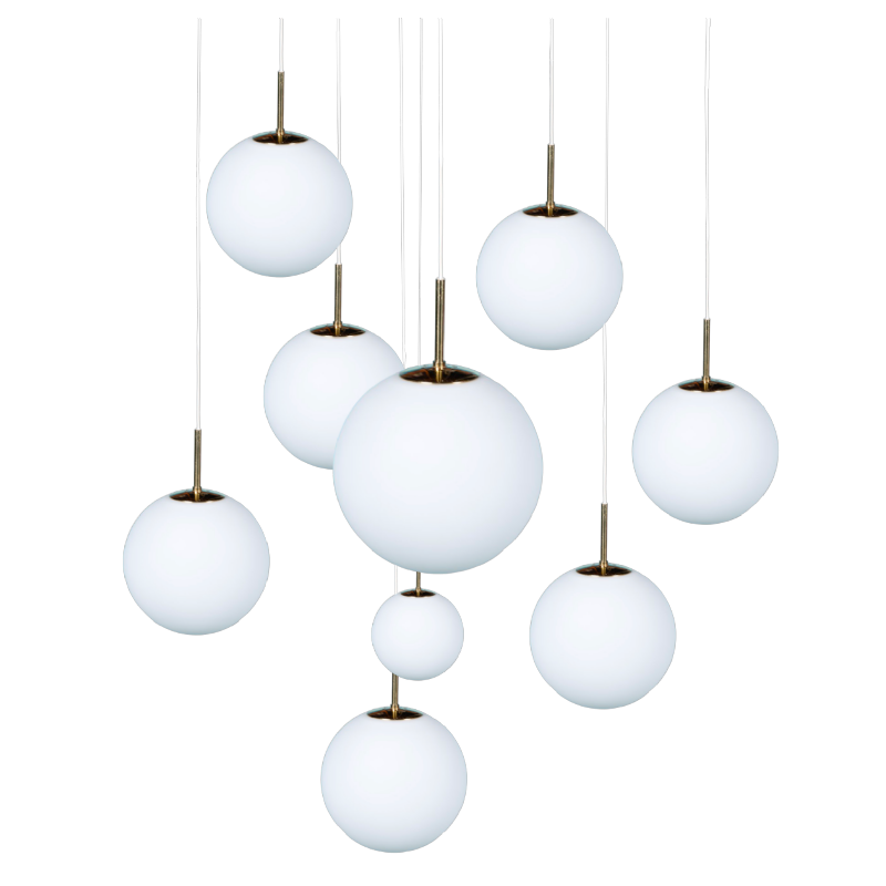 GLASHÜTTE LIMBURG, cascade suspension chandelier, 9 frosted glass balls 1970s