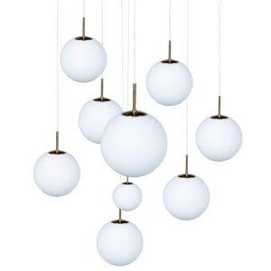 GLASHU¨TTE LIMBURG, lustre suspension cascade, 9 boules verre de´poli, ca 1970