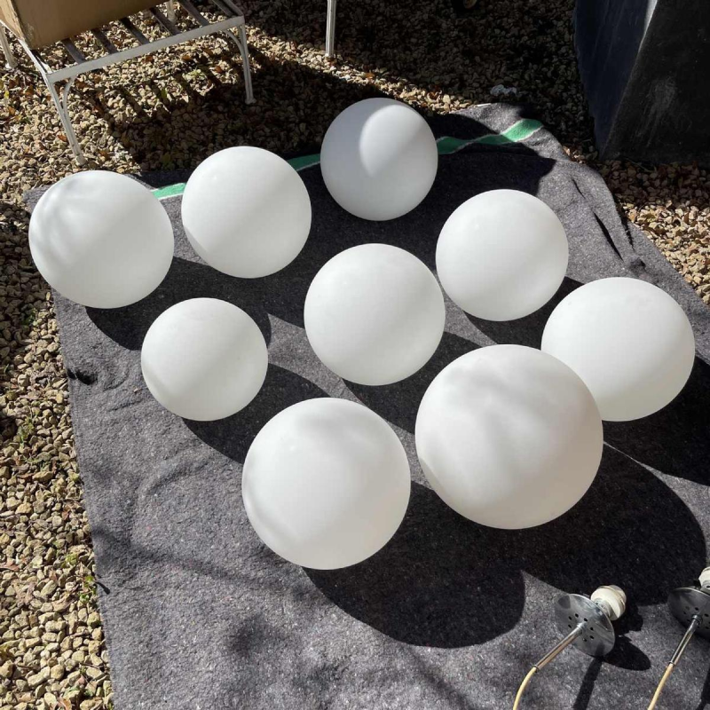 GLASHÜTTE LIMBURG, cascade suspension chandelier, 9 frosted glass balls 1970s