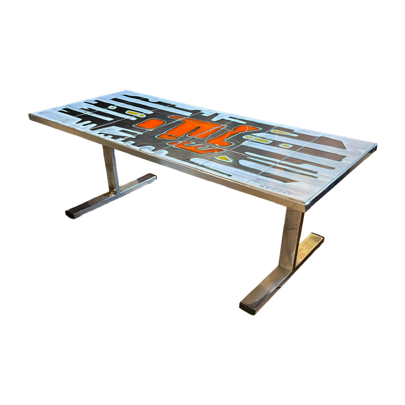 DE NISCO, table basse céramique, métal chromé, Design Abstrait 1960s