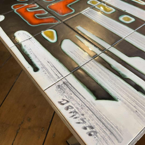 DE NISCO, coffee table ceramic metal chrome Abstract Design, ca 1960