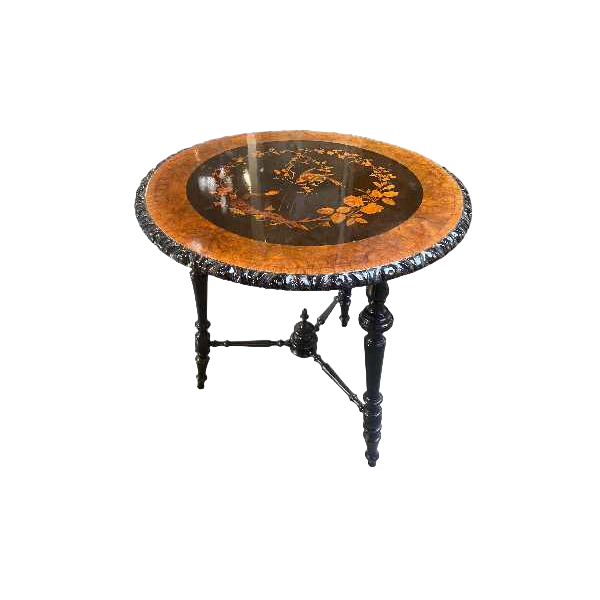 Pedestal table in marquetry with bird motifs, Napoleon III period