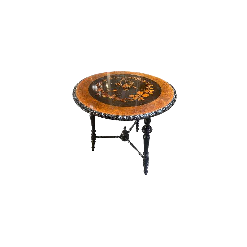 Table guéridon en marqueterie avec motifs oiseaux, époque Napoléon III
