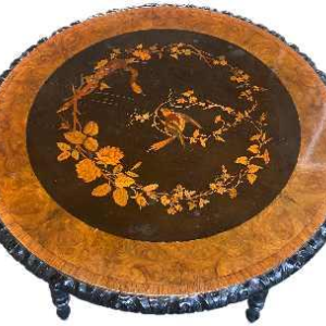 Pedestal table in marquetry with bird motifs, Napoleon III period