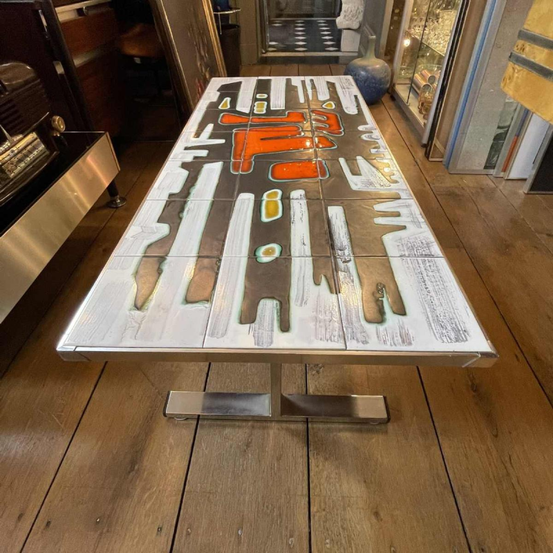 DE NISCO, table basse céramique, métal chromé, Design Abstrait 1960s