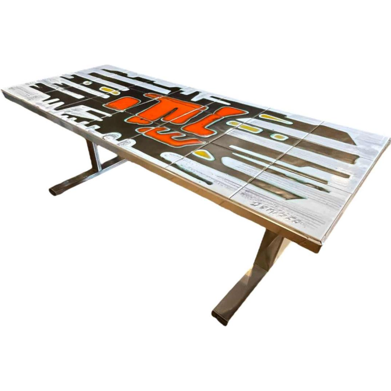 DE NISCO, table basse céramique, métal chromé, Design Abstrait 1960s