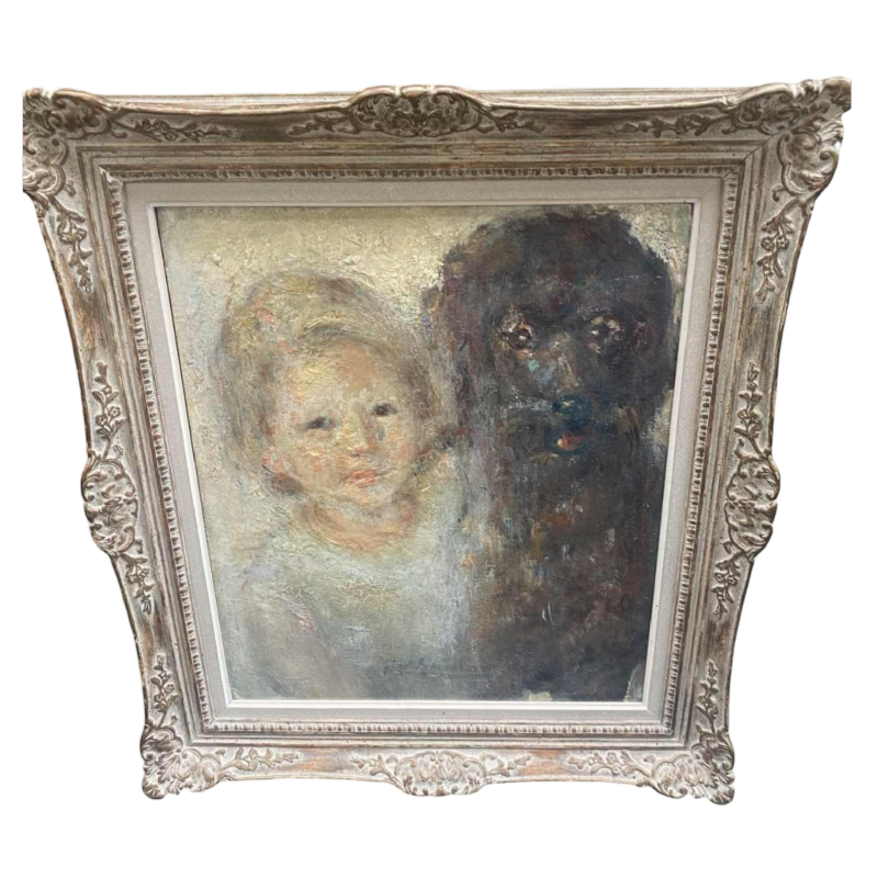 Guislain Jean Marie, painting Portrait of a little girl and her dog oil on panel, ca 1930
