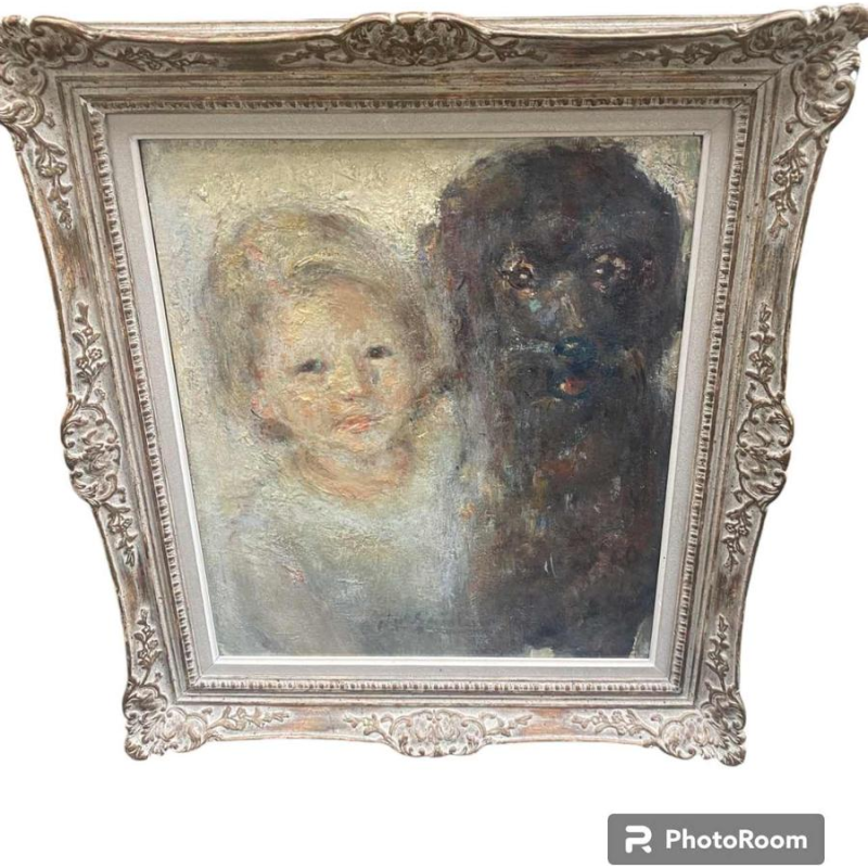 Guislain Jean Marie, schilderij Portret van een klein meisje en haar hond olieverf op paneel, ca 1930