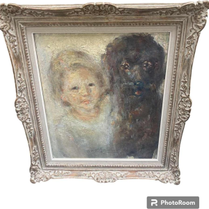 Guislain Jean Marie, tableau "Portrait de fillette et de son chien" huile sur panneau, ca 1930