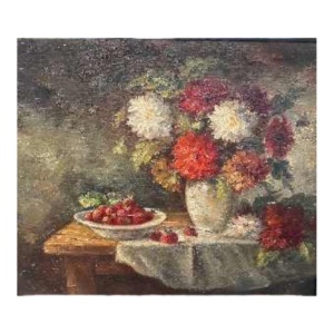Still life painting of flowers oil on canvas signed, 20th century