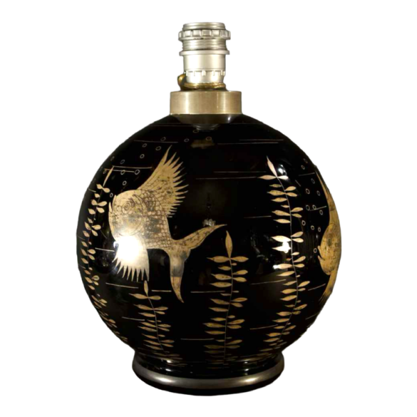 Michel Herman, Art Deco glazen lampvoet met zilveren vis decoratie, ca 1930