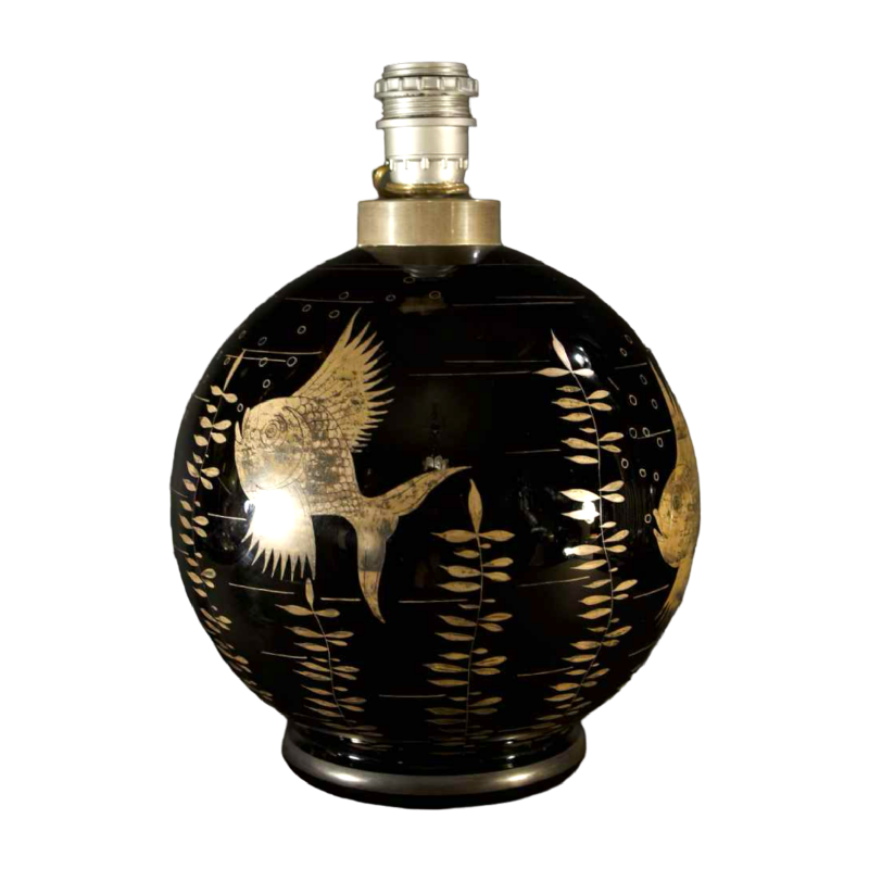 Michel Herman, pied de lampe Art Déco en verre, décor poissons argentés, ca 1930