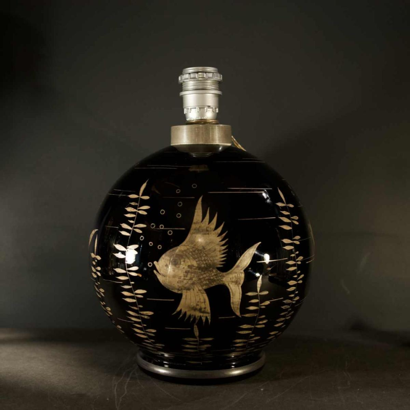 Michel Herman, Art Deco glass lamp base with silver fish decoration, ca 1930