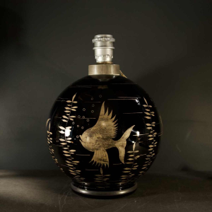 Michel Herman, pied de lampe Art Déco en verre, décor poissons argentés, ca 1930