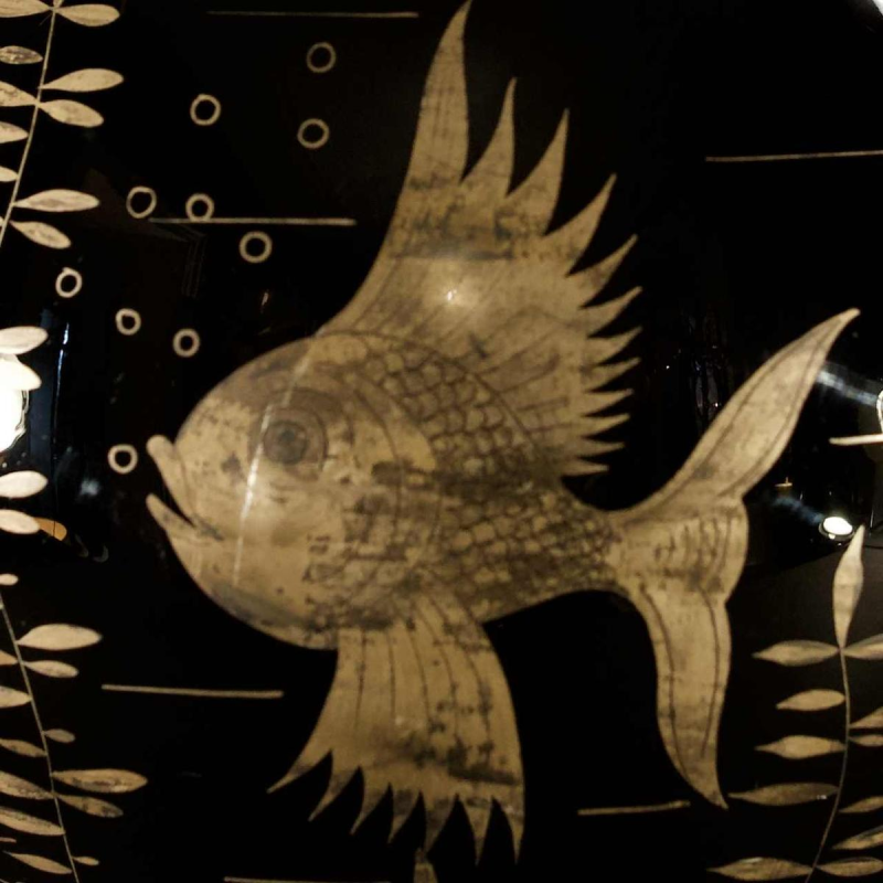 Michel Herman, Art Deco glazen lampvoet met zilveren vis decoratie, ca 1930