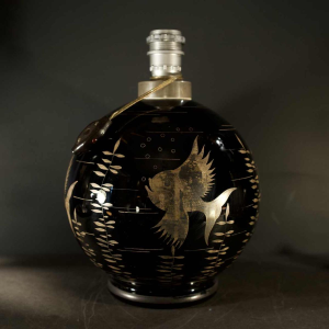 Michel Herman, Art Deco glazen lampvoet met zilveren vis decoratie, ca 1930