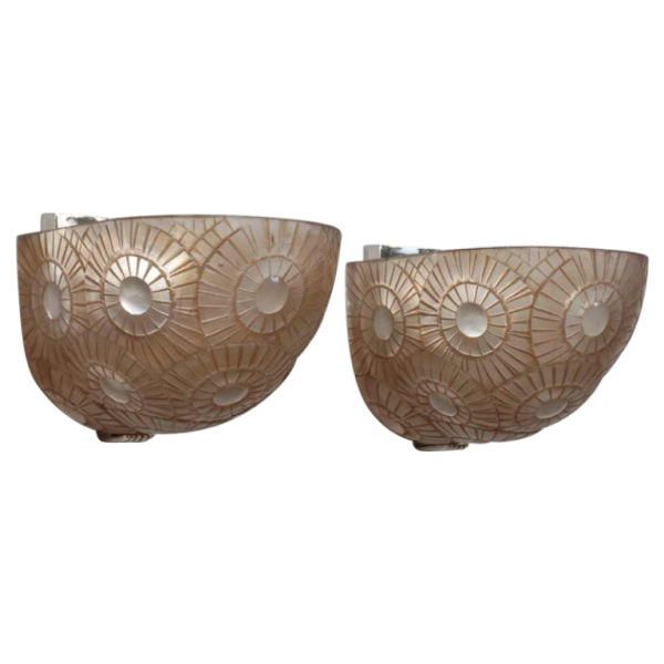 Simonet frères : exceptional pair of French art deco wall sconces, 1930 France