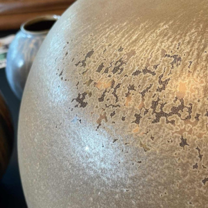 ANTONIO LAMPECCO, large (50cm) brown ceramic ball vase, subtle crystallised glaze, 1983