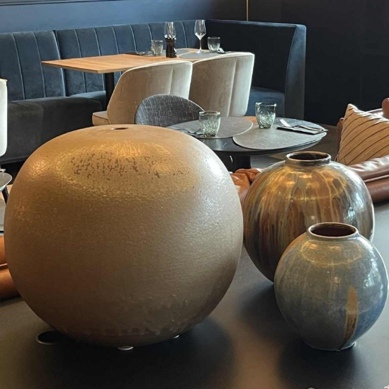 ANTONIO LAMPECCO, large (50cm) brown ceramic ball vase, subtle crystallised glaze, 1983