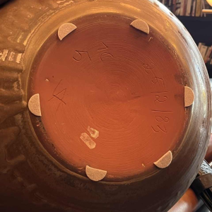 ANTONIO LAMPECCO, large (50cm) brown ceramic ball vase, subtle crystallised glaze, 1983