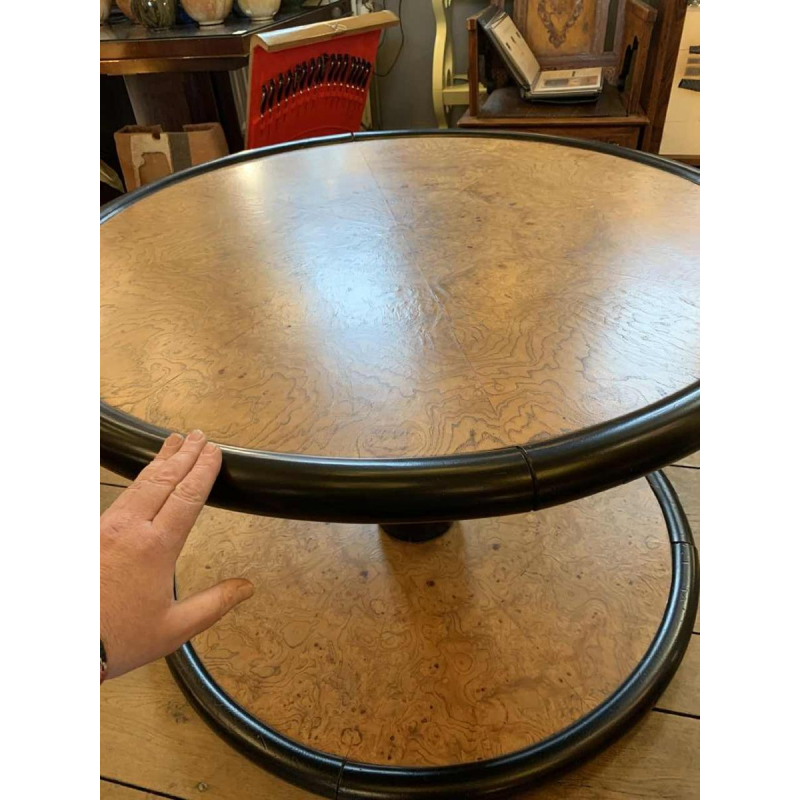 De Coene (attribué) Table Basse Ronde Tournante Art Déco, Loupe d'Erable & Ebène