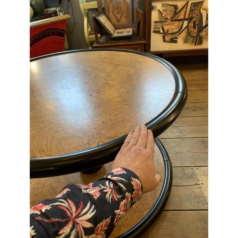 De Coene (attribué) Table Basse Ronde Tournante Art Déco, Loupe d'Erable & Ebène