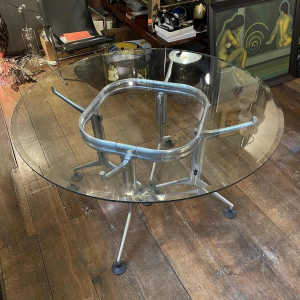 Vintage Geborsteld Aluminium & Glas Ronde Eettafel, ca jaren 1970