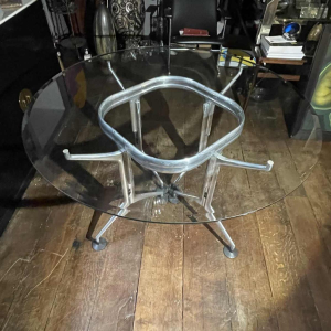 Vintage Brushed Aluminium & Glass Round Dining Room Table, ca 1970s