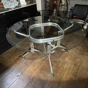 Table Salle à Manger Ronde Vintage en Aluminium Brosse´ & Verre Biseauté, 1970s