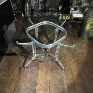 Vintage Brushed Aluminium & Glass Round Dining Room Table, ca 1970s