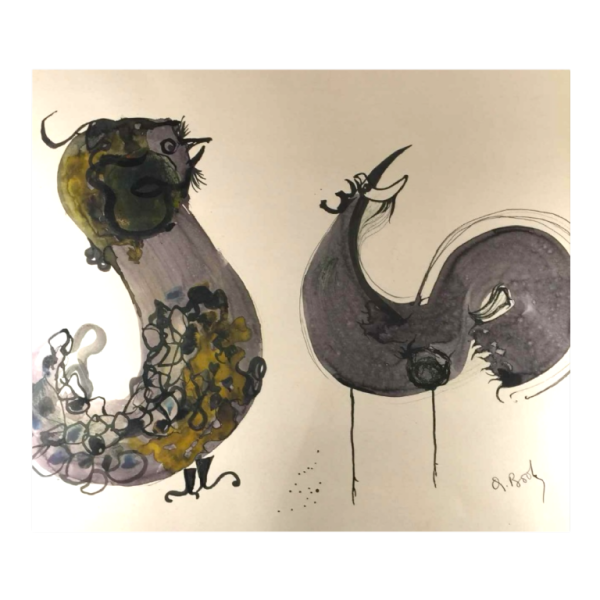 Anne Body " Le Grand Combat " cop et poule, technique mixte sur papier, 1965