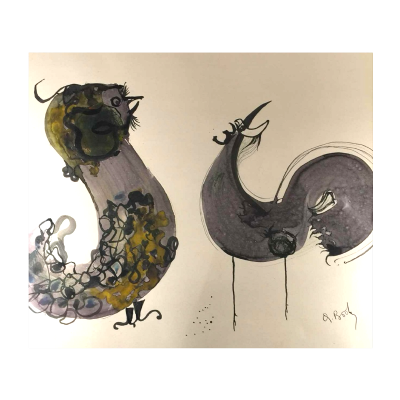 Anne Body " De grote strijd " Haan en Duivin, gemengde techniek op papier, 1965