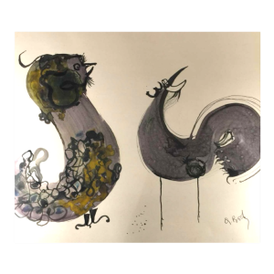 Anne Body " De grote strijd " Haan en Duivin, gemengde techniek op papier, 1965