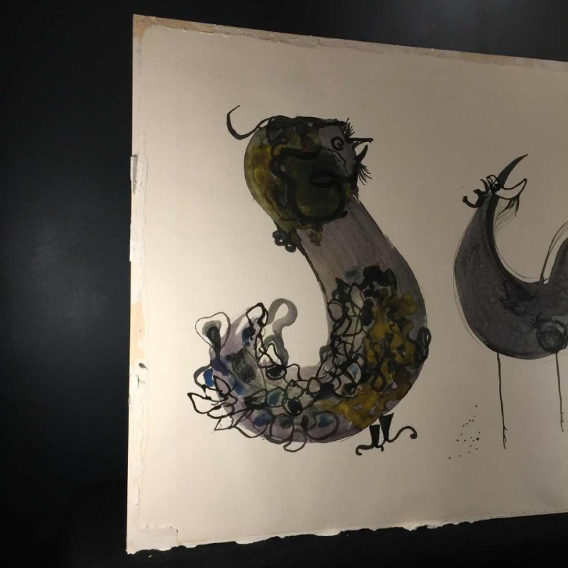 Anne Body " Le Grand Combat " cop et poule, technique mixte sur papier, 1965