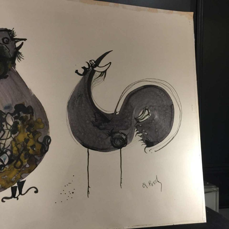 Anne Body " De grote strijd " Haan en Duivin, gemengde techniek op papier, 1965