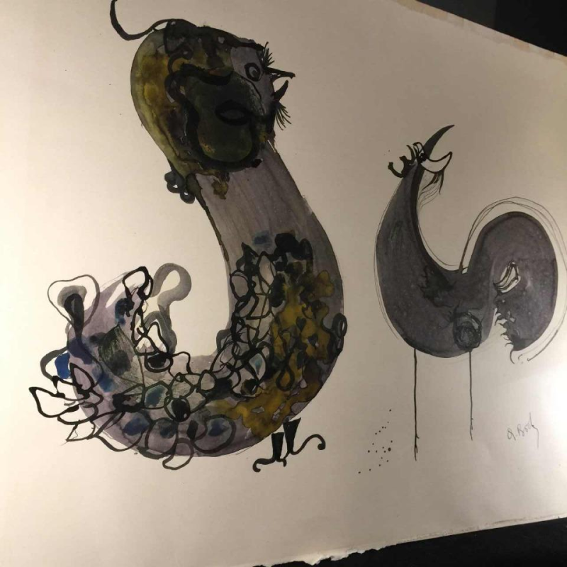 Anne Body " Le Grand Combat " cop et poule, technique mixte sur papier, 1965