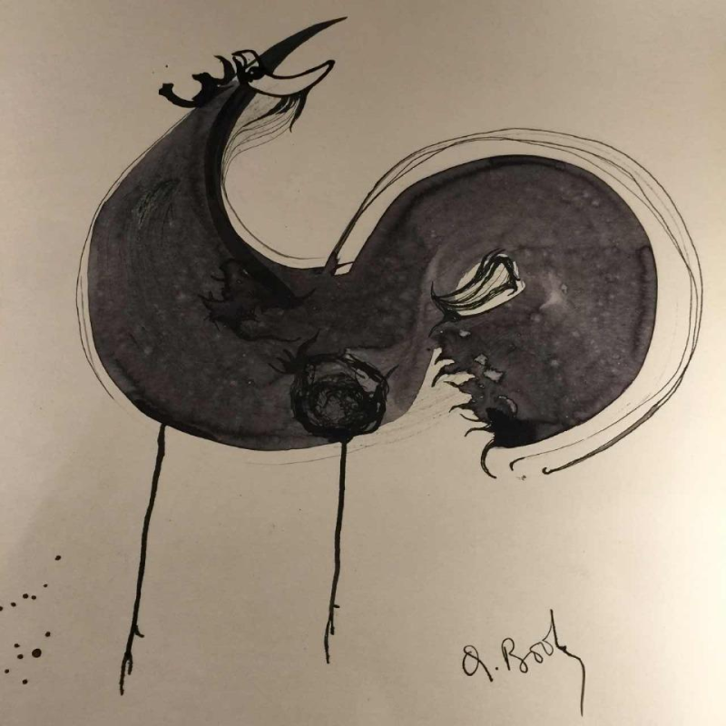 Anne Body " Le Grand Combat " cop et poule, technique mixte sur papier, 1965